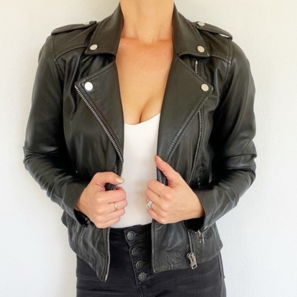 Lucky Brand black genuine leather zip up motorcycle jacket size small